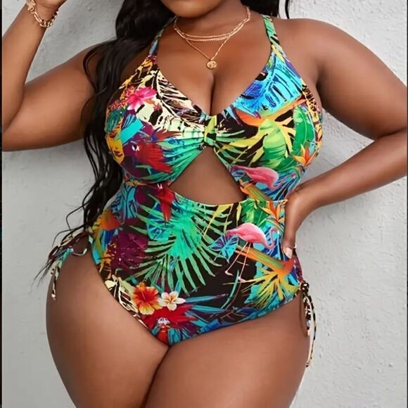 NEW! Bright and Beautiful Boho Tropical Print Cut Out Front One Piece Swim Suit - Picture 1 of 7